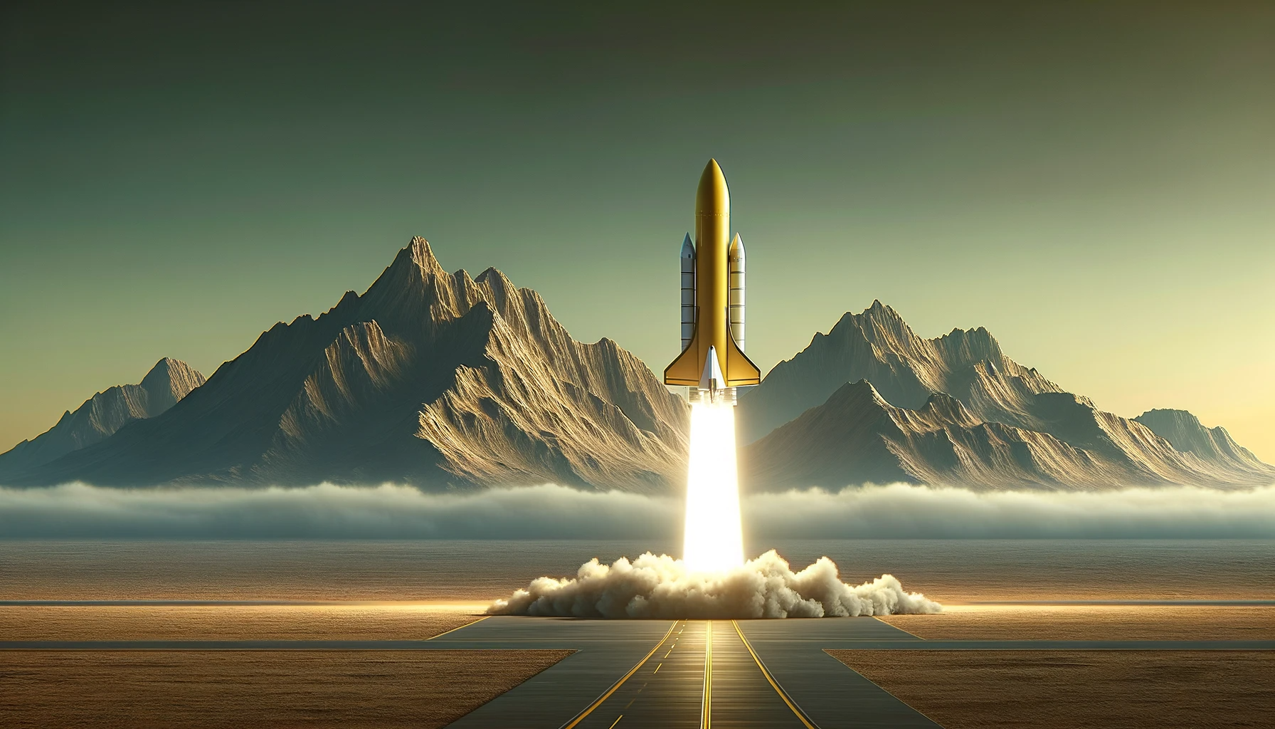 DALL·E 2023-12-19 08.10.46 - Create a wide-format image featuring a simplified yellow rocket starting off from a flat ground with photorealistic mountains in the background. The r