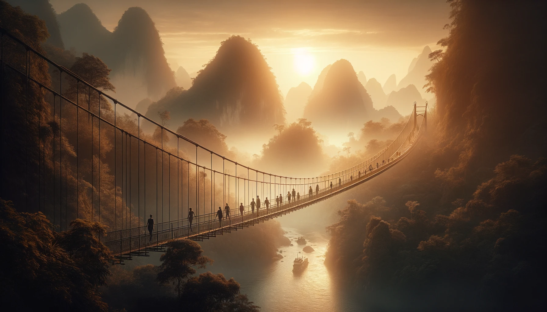 DALL·E 2023-12-19 12.15.10 - A fotorealistic image capturing the same essence and mood as the provided picture, which shows a suspended bridge in a mountainous area during sunset 